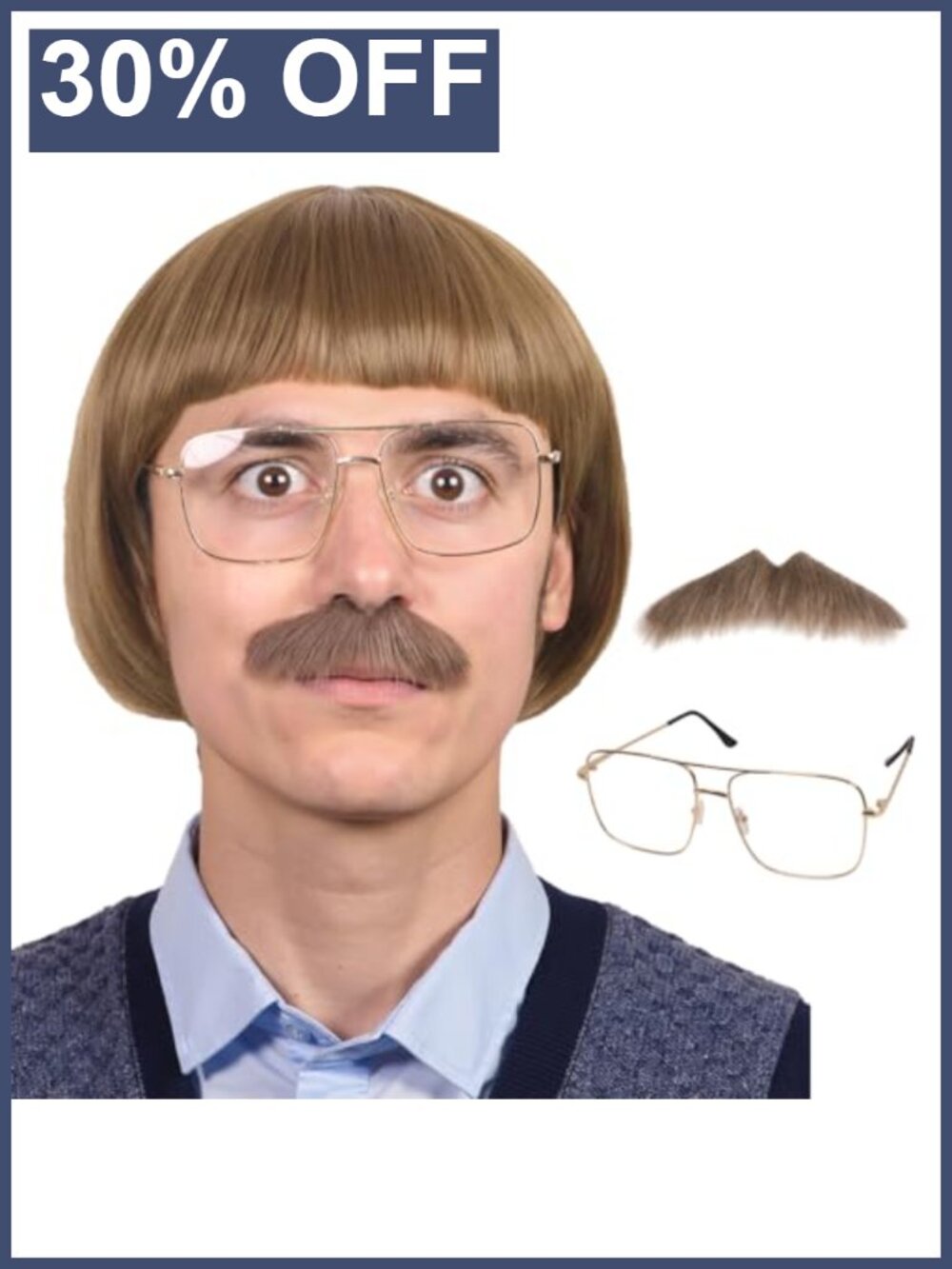 Men's Short Straight Synthetic Wig and Mustache Set for Cosplay Halloween